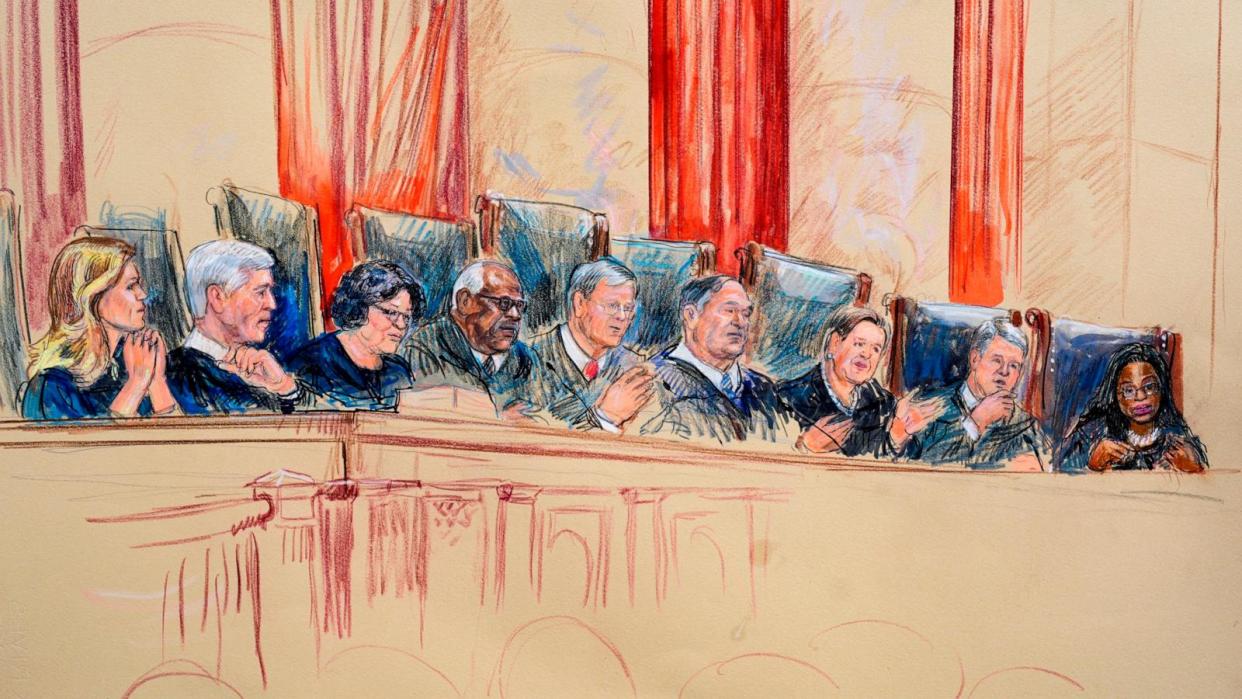 PHOTO: Supreme Court Justices during arguments in Washington, April 25, 2024.  (Dana Verkouteren/AP)