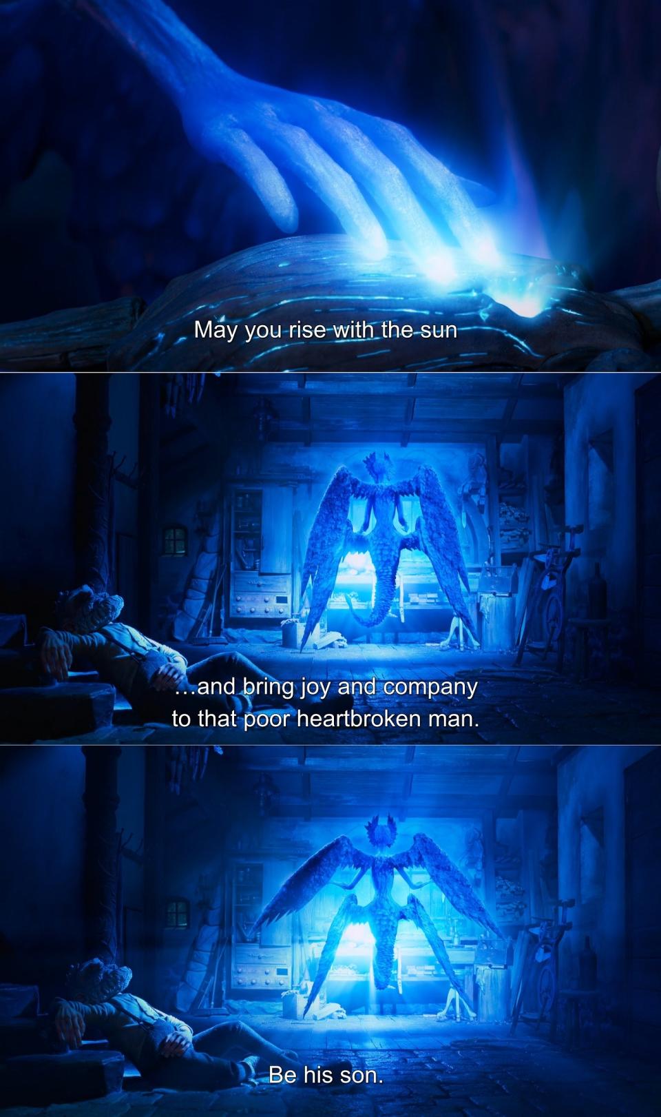 a blue fairy infuses life energy in a wooden puppet while a drunk old man sleeps nearby