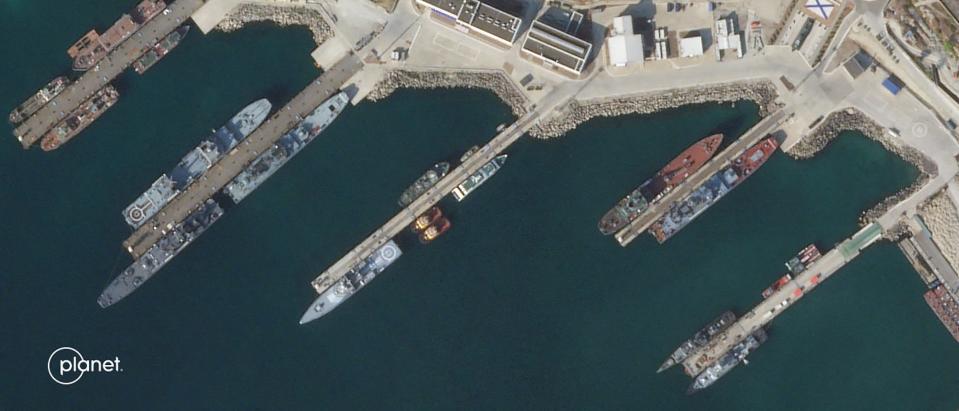 Six amphibious warfare ships, two Admiral Grigorovich-class frigates, a patrol ship named Vasily Bykov, a Buyan-class corvette, and a Kilo-class submarine in the Russian port city of Novorossiysk seen in satellite imagery shared by Planet Labs PBC on October 4, 2023.