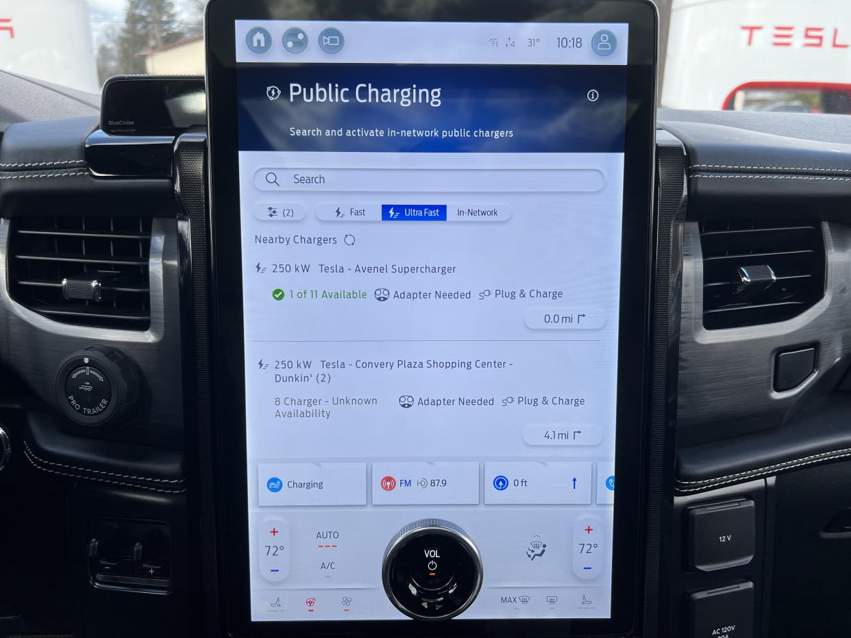 FEBRUARY, 29 2024 - The Ford F-150 Lightning in-car charging app showing Tesla Supercharger location in New Jersey. (credit: Pras Subramanian) 
