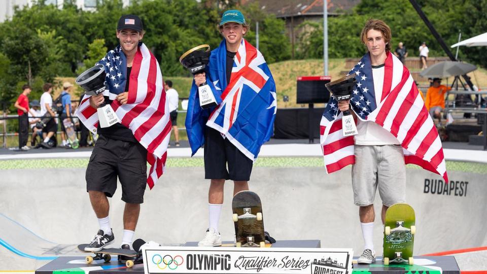 Keegan Palmer (centre) at Budapest Olympic qualifier event 