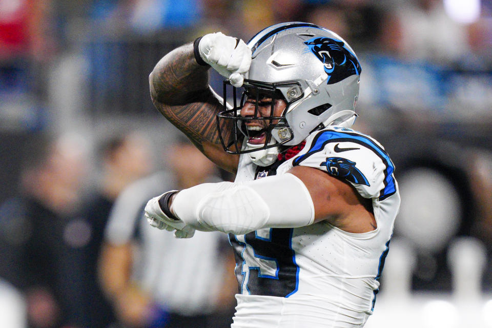 Carolina Panthers linebacker Frankie Luvu celebrates after sacking New Orleans Saints quarterback Derek Carr during the first half of an NFL football game Monday, Sept. 18, 2023, in Charlotte, N.C. (AP Photo/Jacob Kupferman)