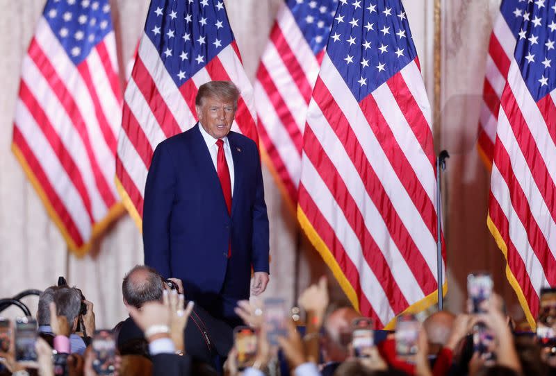 Former U.S. President Donald Trump makes an announcement at his Mar-a-Lago estate in Palm Beach