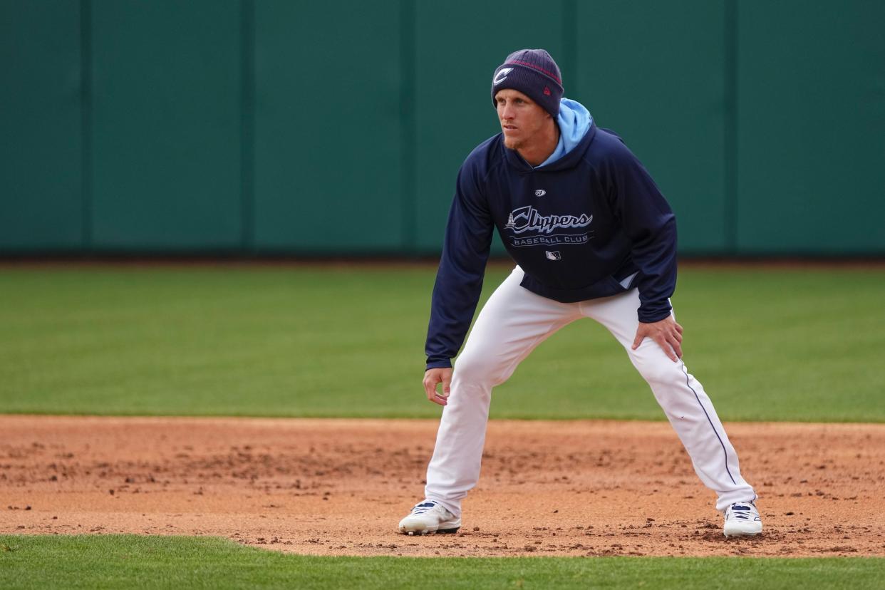 Outfielder Myles Straw leads off from first base during Columbus Clippers practice at Huntington Park.