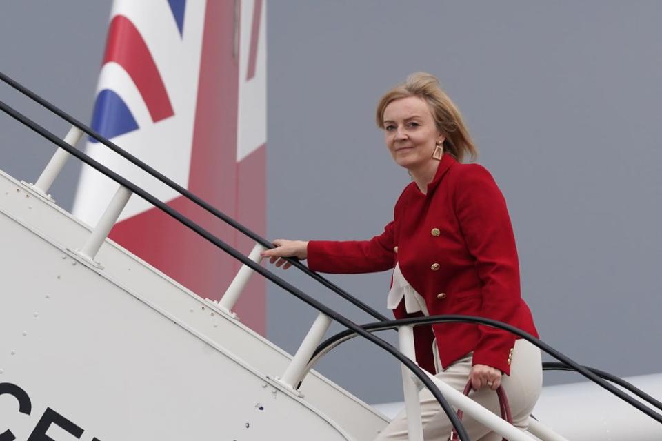 Liz Truss boards RAF Voyager at Stansted Airport ahead of a four-day visit to New York and Washington (PA)