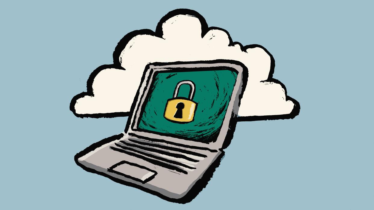  A hand-drawn image of a laptop computer displaying a padlock, in front of a cloud, on a blue background. 