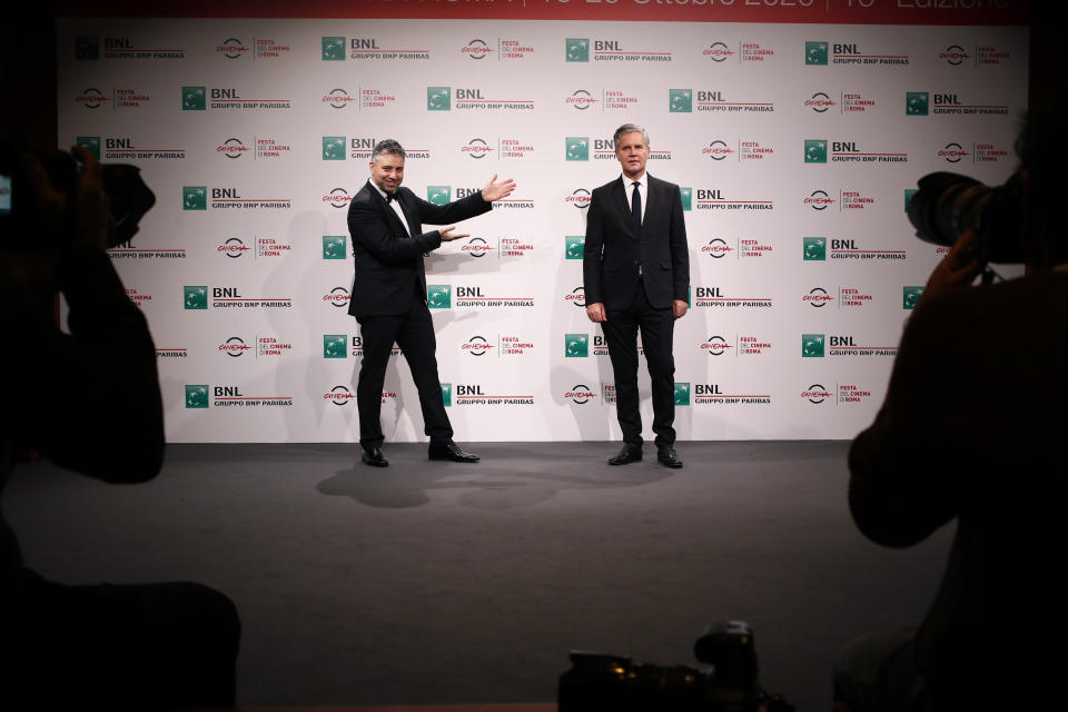 Director Evgeny Afineevsky, left, and clergy sex abuse survivor and victim's advocate Juan Carlos Cruz, attend the photo call for the movie "Francesco" at the Rome Film Festival, in Rome, Wednesday, Oct. 21, 2020. (AP Photo/Alessandra Tarantino)