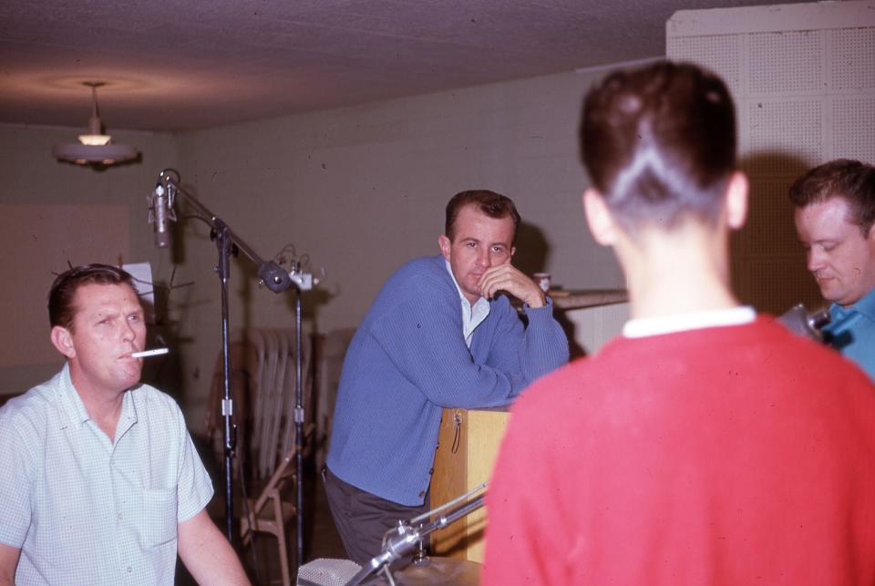 Jack Curtis at Audio Recorders producing Jim Boyd (duck tail) 1963.  L to R: Bob Taylor, Jack Curtis, Buddy Wheeler.