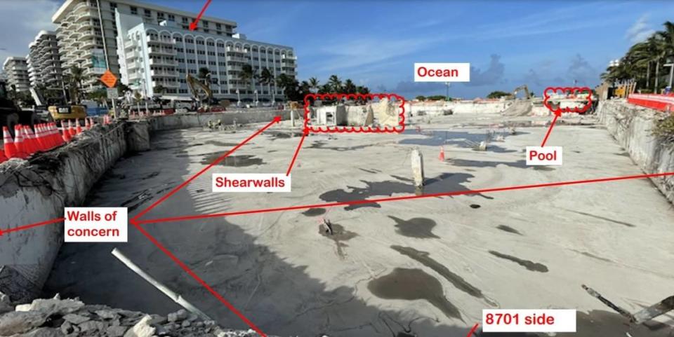 A photo of the Champlain Towers South site, cleared of debris, submitted by Surfside engineering consultant Allyn Kilsheimer in a letter to Miami-Dade County warning the nearby Collins Avenue could fail if the hollowed-out subterranean walls collapsed. Miami-Dade said it is rushing to shore up the walls. Collins remains closed to pedestrian and automobile traffic.