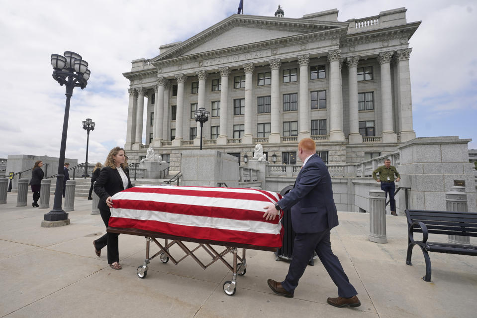 Former U.S. Sen. Orrin Hatch's casket arrives at the Utah Capitol Wednesday, May 4, 2022, in Salt Lake City. Hatch, the longest-serving Republican senator in history and a fixture in Utah politics for more than four decades, died last month at the age of 88. (AP Photo/Rick Bowmer)