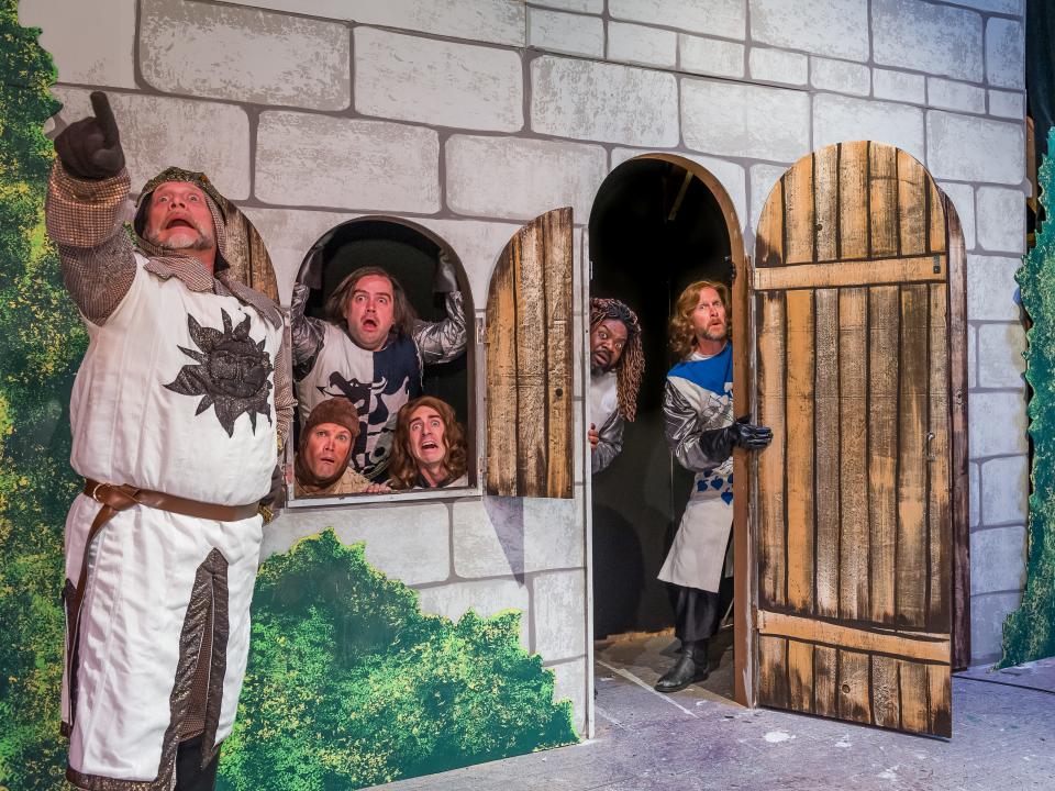 Gabe Scherman, Brooks Boyett, Dillon Kizarr, Nels Bjork, Kyle Gipson and Jason Boyett perform in Amarillo Little Theatre's production of Monty Python's "Spamalot."