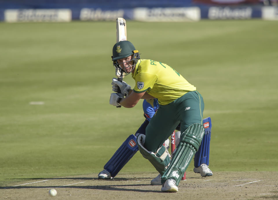 South Africa's Dwaine Pretorius playing a shot during the T20I match between South Africa and Sri Lanka at Wanderers Stadium in Johannesburg, South Africa, Sunday, March 24, 2019. (AP Photo/Christiaan Kotze)