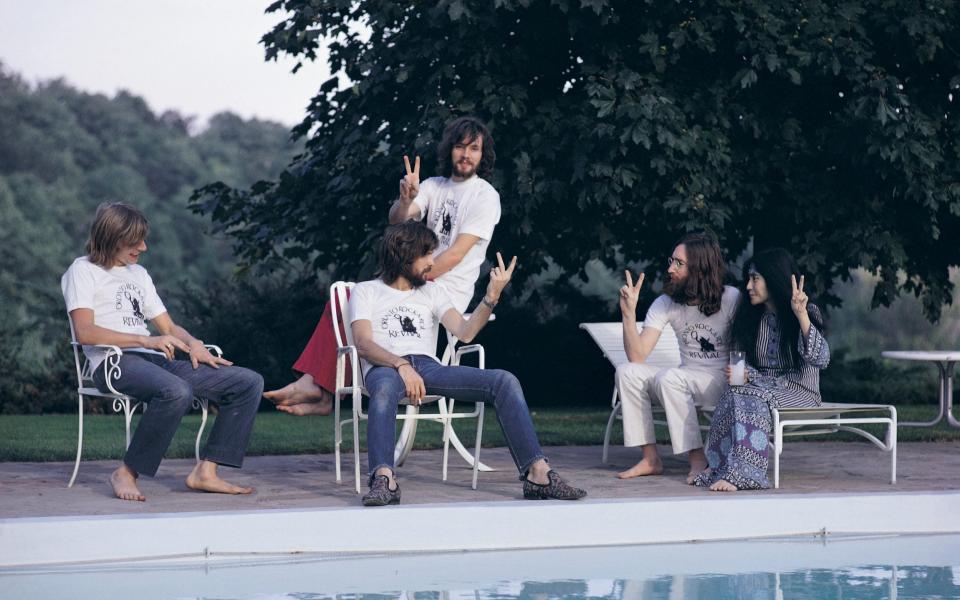 White, left, the day after the Plastic Ono Band's Toronto gig in 1969, with, l-r, Eric Clapton, Klaus Voormann, John Lennon and Yoko Ono - Mark and Colleen Hayward/Getty Images