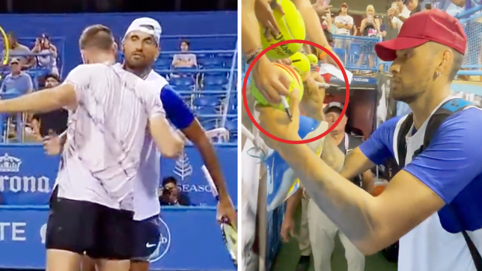 Nick Kyrgios (pictured left) celebrating his doubles victory with Jack Sock at the Citi Open and (pictured right) Kyrgios signing autographs for fans.