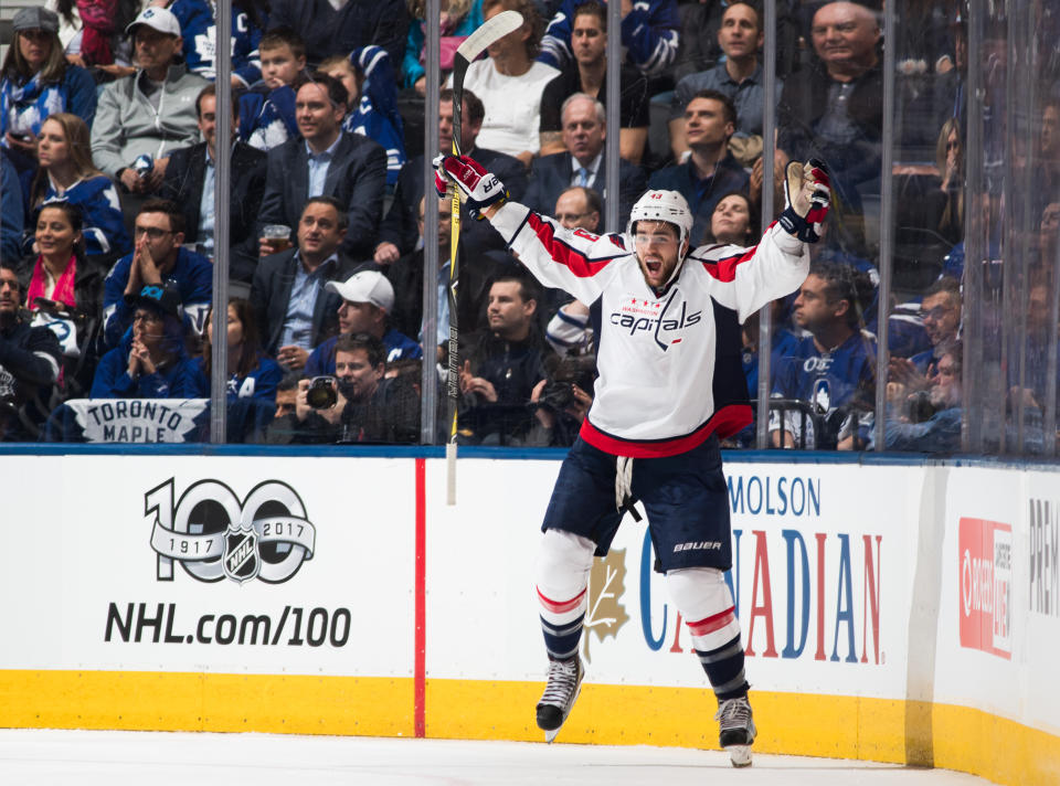 Washington Capitals forward Tom Wilson hasn’t worn out his welcome in Toronto despite starring versus the Toronto Maple Leafs. (Mark Blinch/Getty Images)