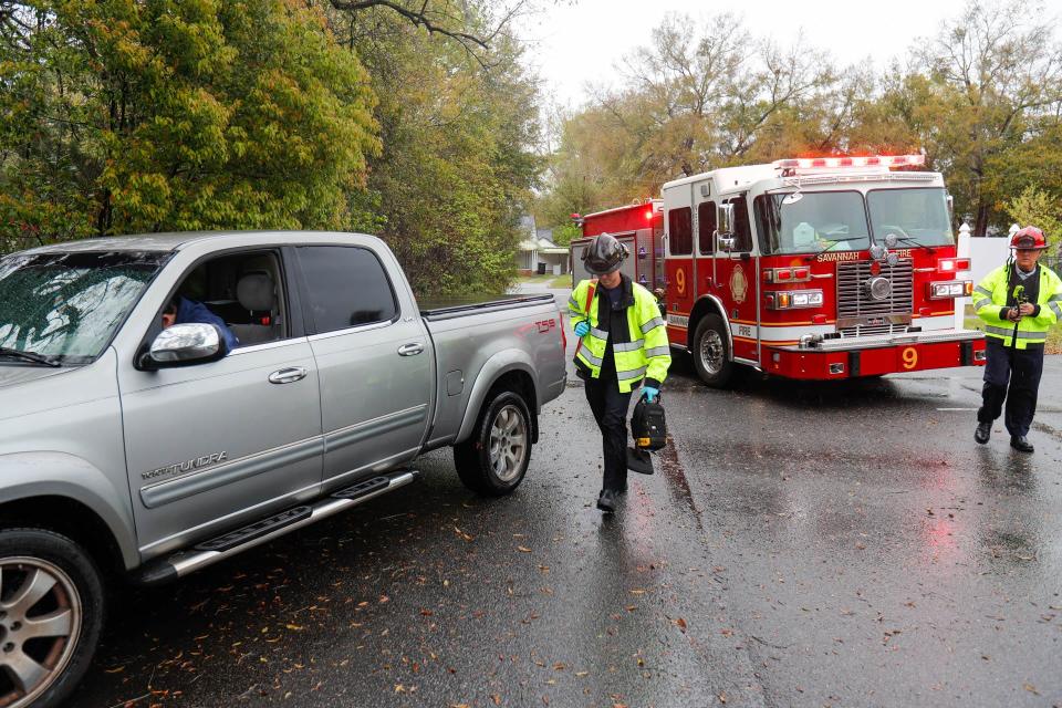 Savannah firefighters from Engine 9 arrive on scene while participating in a vehicle accident drill on Friday March 10, 2023.