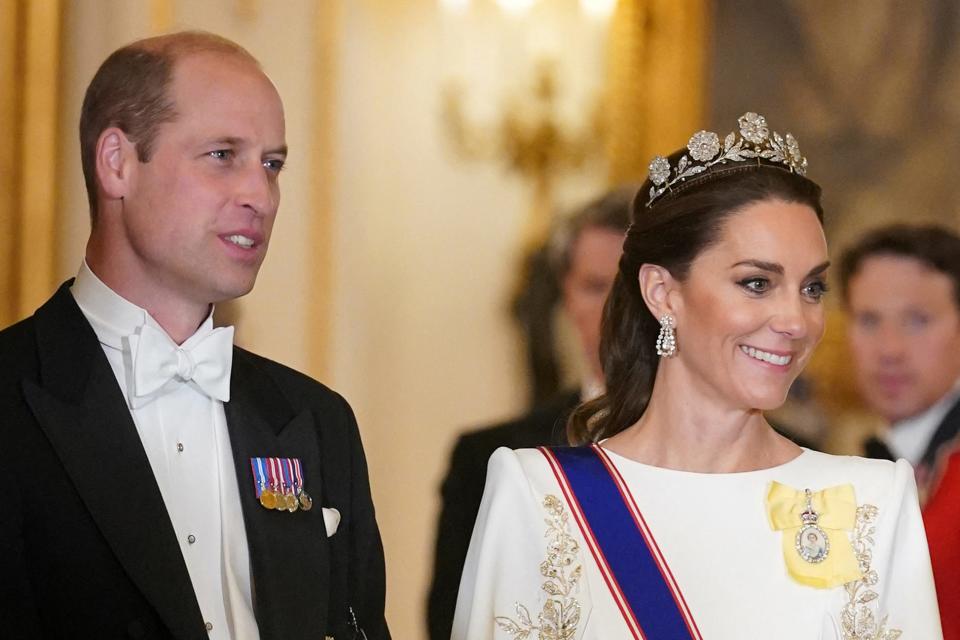Prince William and Princess Kate arrive for a State Banquet at Buckingham Palace on November 21, 2023.