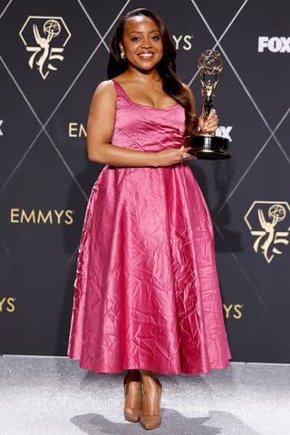 <p>Frazer Harrison/Getty</p> Quinta Brunson, winner of the Outstanding Lead Actress in a Comedy Series award for "Abbott Elementary," poses in the press room during the 75th Primetime Emmy Awards