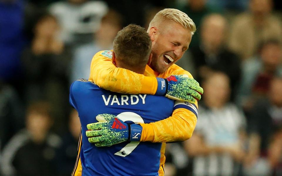 Kasper Schmeichel and Jamie Vardy celebrate following the penalty shout-out win  - Action Images