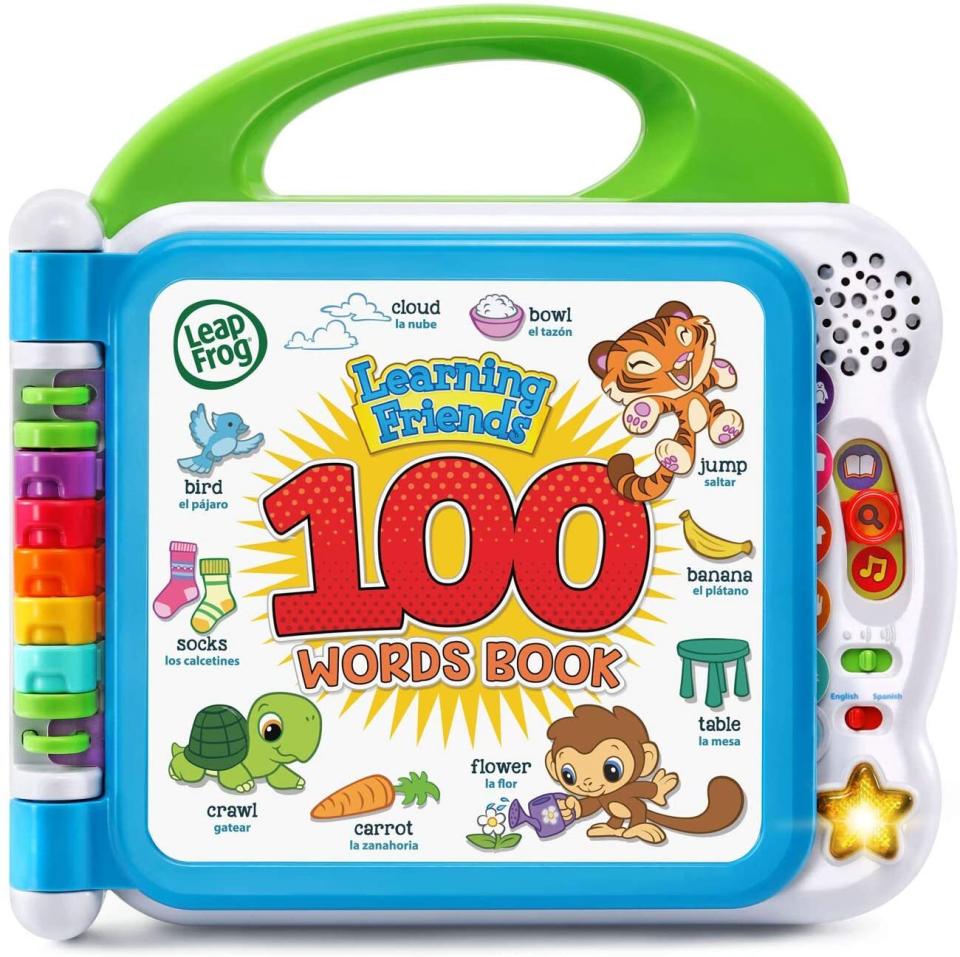 It features a turtle, tiger and monkey who teach age-appropriate words for animals, food, colors, vehicles, clothes and more. Added bonus: this book is bilingual so just flip the switch for words in Spanish.<br /><br /><strong>Promising Review:</strong> "My 17-month-old loved this sound book, we bought it for a road trip to Yellowstone but even after the road trip at 20-month-old he still plays with it on his own at least few times a day. One complaint I have is that the pages/pictures are quite sensitive to touch, so a slight touch by another finger will make it change the words it says and it might be confusing for the child in terms of learning each word to picture. But I think that can be solved if an adult accompanies the child while playing then it should be fine." &mdash; <a href="https://www.amazon.com/gp/customer-reviews/R3H9JKVRQFZRCN?&amp;linkCode=ll2&amp;tag=huffpost-bfsyndication-20&amp;linkId=cc93ce738b3e8e46f0a87725f5744edc&amp;language=en_US&amp;ref_=as_li_ss_tl" target="_blank" rel="noopener noreferrer">BananaC</a><br /><br /><i>For ages 18+ months</i><br /><br /><strong><a href="https://www.amazon.com/LeapFrog-Learning-Friends-Words-Green/dp/B07B6ZN7P8?&amp;linkCode=ll1&amp;tag=huffpost-bfsyndication-20&amp;linkId=ae8ac67c220cb3f1a565bf41a95bd36a&amp;language=en_US&amp;ref_=as_li_ss_tl" target="_blank" rel="noopener noreferrer">Get it from Amazon for $17.88.</a></strong>