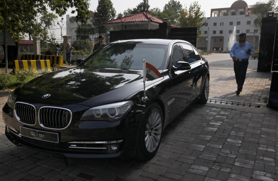 A vehicle carrying an Indian diplomat leaves the foreign ministry following a meeting with Kulbhushan Jadhav, an imprisoned Indian convicted of spying, in Islamabad, Pakistan, Monday, Sept. 2, 2019. Pakistan has granted rare consular access to Jadhav who faces the death penalty in a case that's been a source of friction between the nuclear-armed neighbors who have recently seen tensions between them escalate further over disputed Kashmir. (AP Photo/Anjum Naveed)