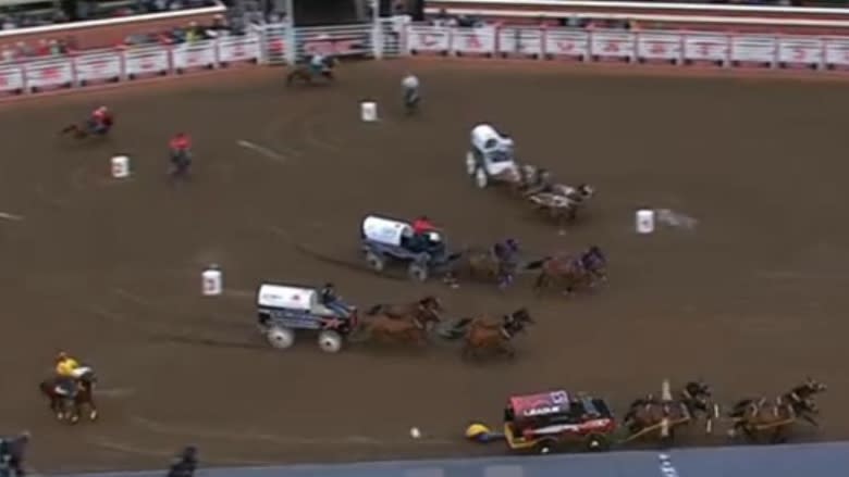 Chuckwagon driver tumbles under wheels at Calgary Stampede, breaking clavicle