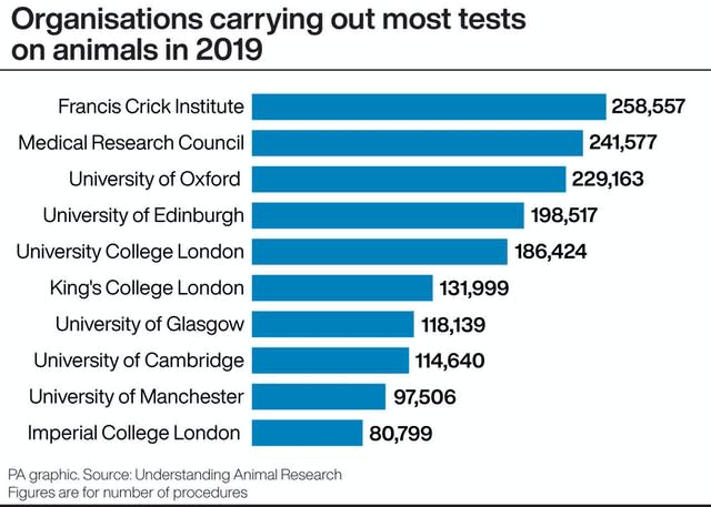 Organisations carrying out most tests on animals in 2019