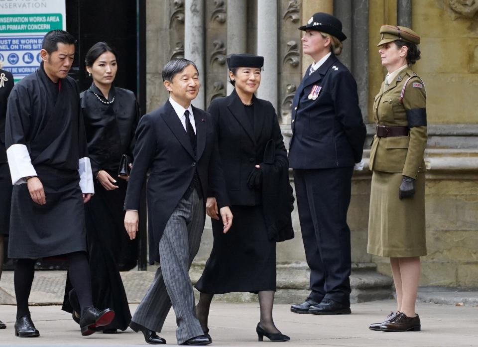 2022年9月19日，日本德仁天皇與雅子皇后參加英國故女王伊麗莎白二世葬禮，走在他們後面進場的是不丹國王旺楚克與王后吉增佩瑪。路透社