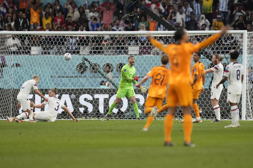 goalkeeper Matt Turner of the United States reacts after failed to save the goal from Daley Blind of the Netherlands during the World Cup round of 16 soccer match between the Netherlands and the United States, at the Khalifa International Stadium in Doha, Qatar, Saturday, Dec. 3, 2022. (AP Photo/Natacha Pisarenko)