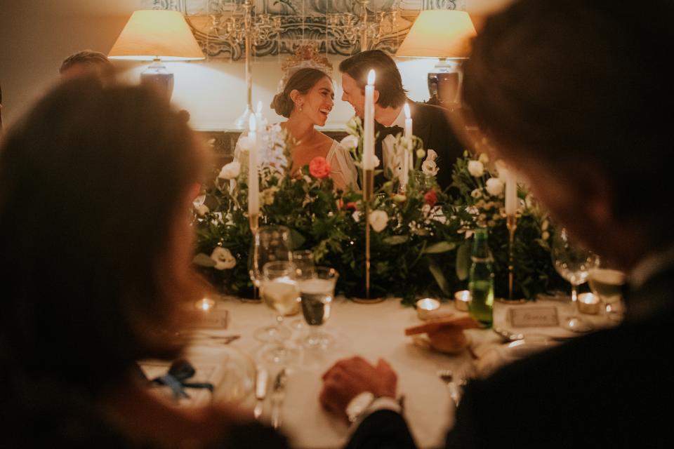 The Bride Wore Feathers for Her Civil Ceremony in London, and a Dress Embroidered With Peonies to Her Micro-Wedding in Portugal