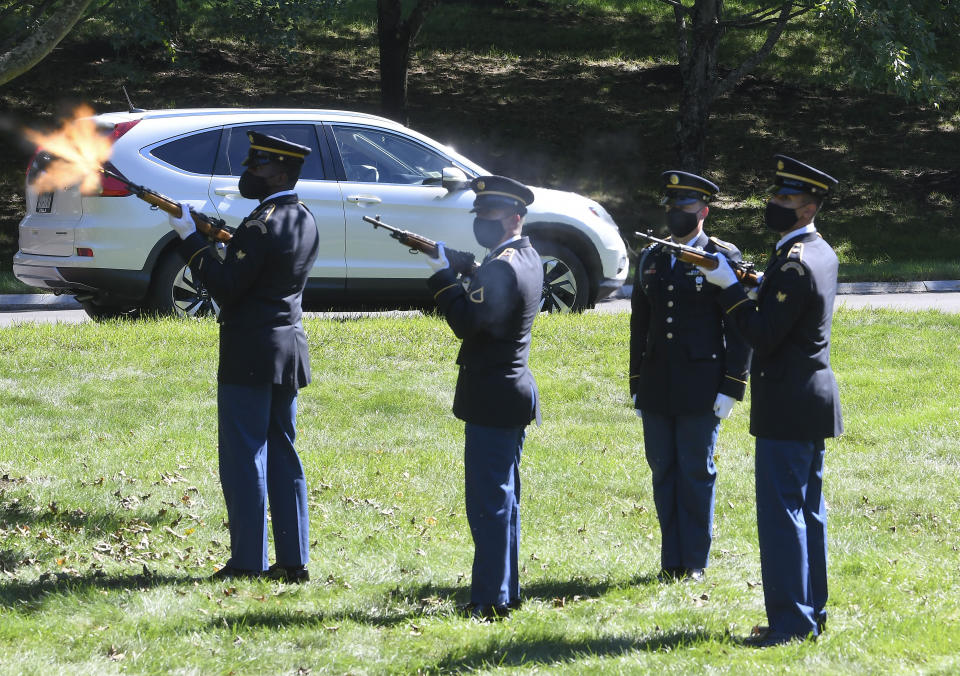 An Army Honor Guard detail fires a salute as Korean War veteran Army Cpl. Walter Smead, a member of Battery A, 57th Field Artillery Battalion, 7th Infantry Division who was killed during the 1950 Battle of the Chosin Reservoir, is laid to rest with full military honors at Gerald B. H. Solomon Saratoga National Cemetery, on Monday, Sept. 20, 2021, in Schuylerville, N.Y. Korean War veteran Army Cpl. Walter Smead, a member of Battery A, 57th Field Artillery Battalion, 7th Infantry Division who was killed during the 1950 Battle of the Chosin Reservoir, is laid to rest with full military honors at Gerald B. H. Solomon Saratoga National Cemetery, on Monday, Sept. 20, 2021, in Schuylerville, N.Y. Smead was finally laid to rest near his rural upstate New York hometown, seven decades after he was killed in the Korean War and months after his remains were finally identified with help from DNA analysis. (AP Photo/Hans Pennink)