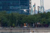 The prototype Volocopter making its landing after a test flight over Marina Bay on 22 October 2019. (PHOTO: Dhany Osman / Yahoo News Singapore)