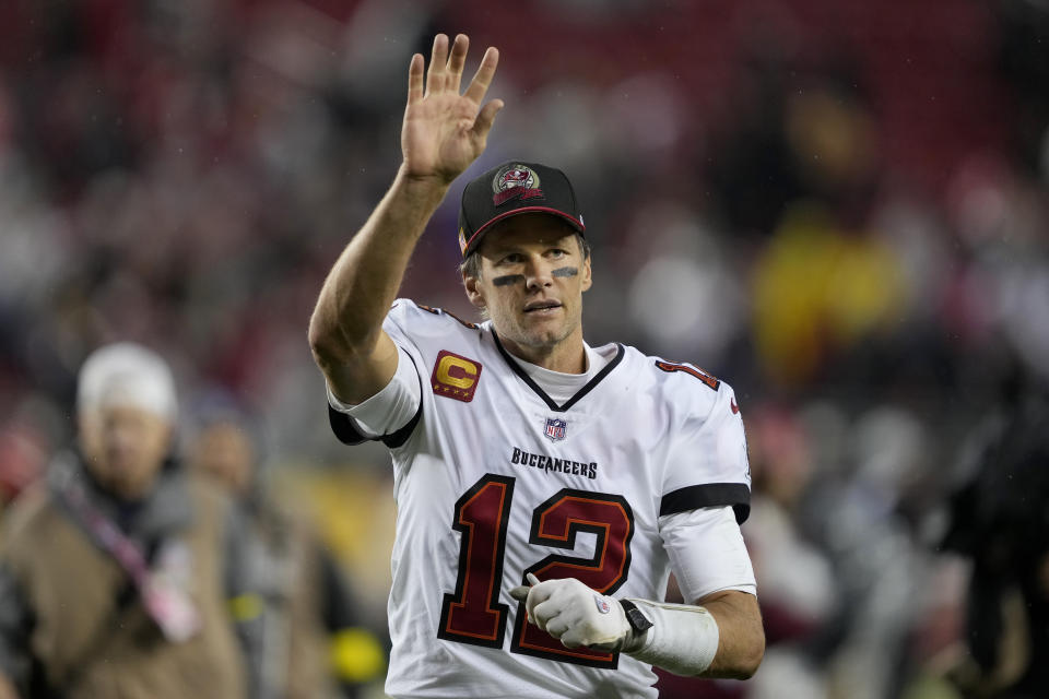 Tampa Bay Buccaneers quarterback Tom Brady (12) waves after an NFL football game against the San Francisco 49ers in Santa Clara, Calif., Sunday, Dec. 11, 2022. (AP Photo/Tony Avelar)