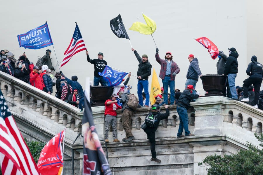 Rioters wave flags on the West Front of the U.S. Capitol in Washington on Jan. 6, 2021. (AP Photo/Jose Luis Magana)