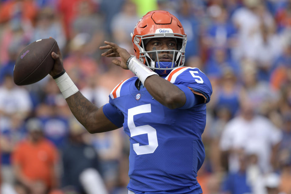 Florida quarterback Emory Jones (5) throws a pass during the first half of an NCAA college football game against Vanderbilt, Saturday, Oct. 9, 2021, in Gainesville, Fla. (AP Photo/Phelan M. Ebenhack)