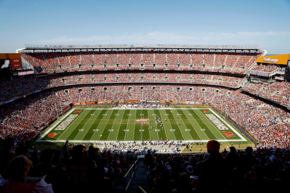 A general overall interior view of FirstEnergy Stadium during a game between the Cleveland Browns and the New England Patriots on Oct. 16, 2022, in Cleveland.