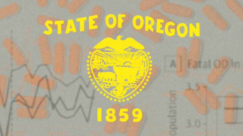 The state of Oregon's logo and founding year in yellow over a background of orange pills and graph paper