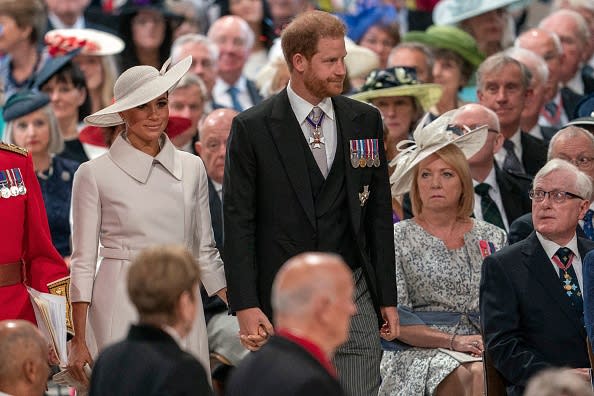 <div class="inline-image__caption"><p>Prince Harry and Meghan Markle attend the National Service of Thanksgiving for the queen’s reign at St. Paul’s Cathedral in London on June 3.</p></div> <div class="inline-image__credit">Arthur Edwards/Pool/AFP via Getty</div>