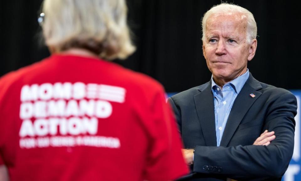 Joe Biden listens to a question from a representative of Moms Demand Action, a pro-gun control group, in South Carolina.