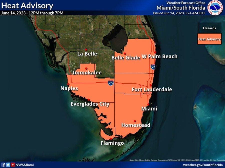 Heat advisories posted for counties in southern Florida on June 14, 2023.