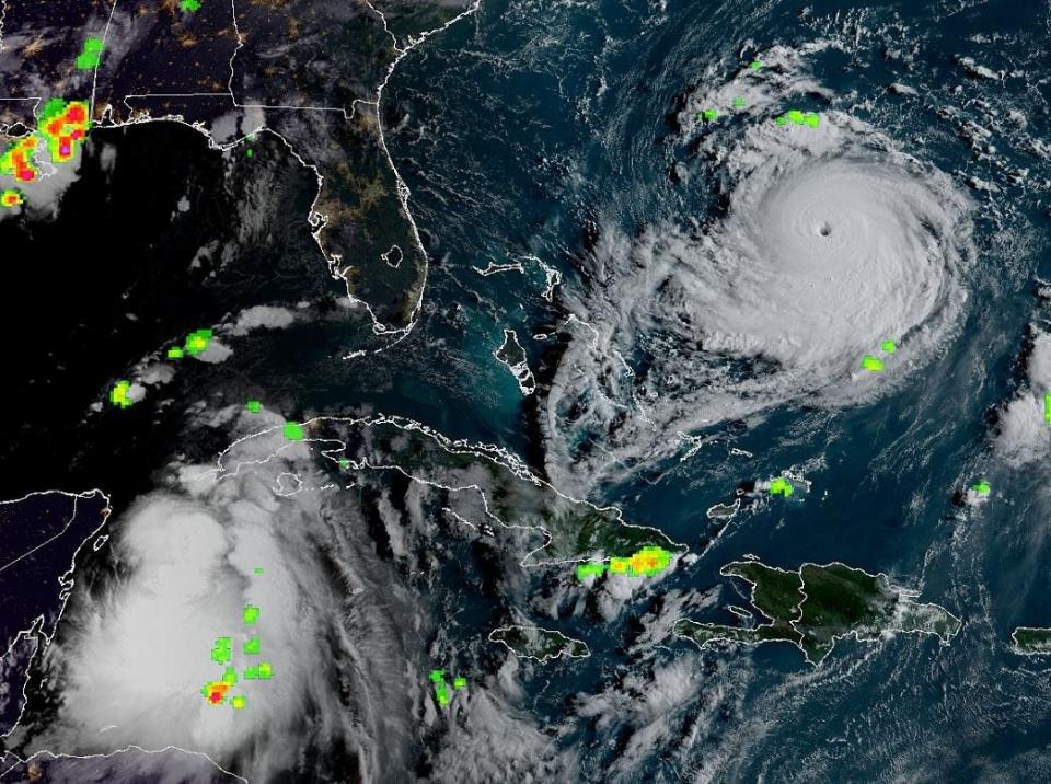 Florida is between Cat 4 Hurricane Franklin, which is headed away from the state, and Tropical Storm Idalia, which is forecast to strengthen into a major hurricane before landfall near the Big Bend region late Tuesday into Wednesday. GOES East satellite Aug. 28, 2023.