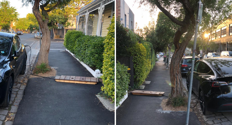 Left, the Tesla driver has placed the charger into the car with the wire running along a footpath with a wooden bolster placed on top. Right, it can be seen from the opposite angle.