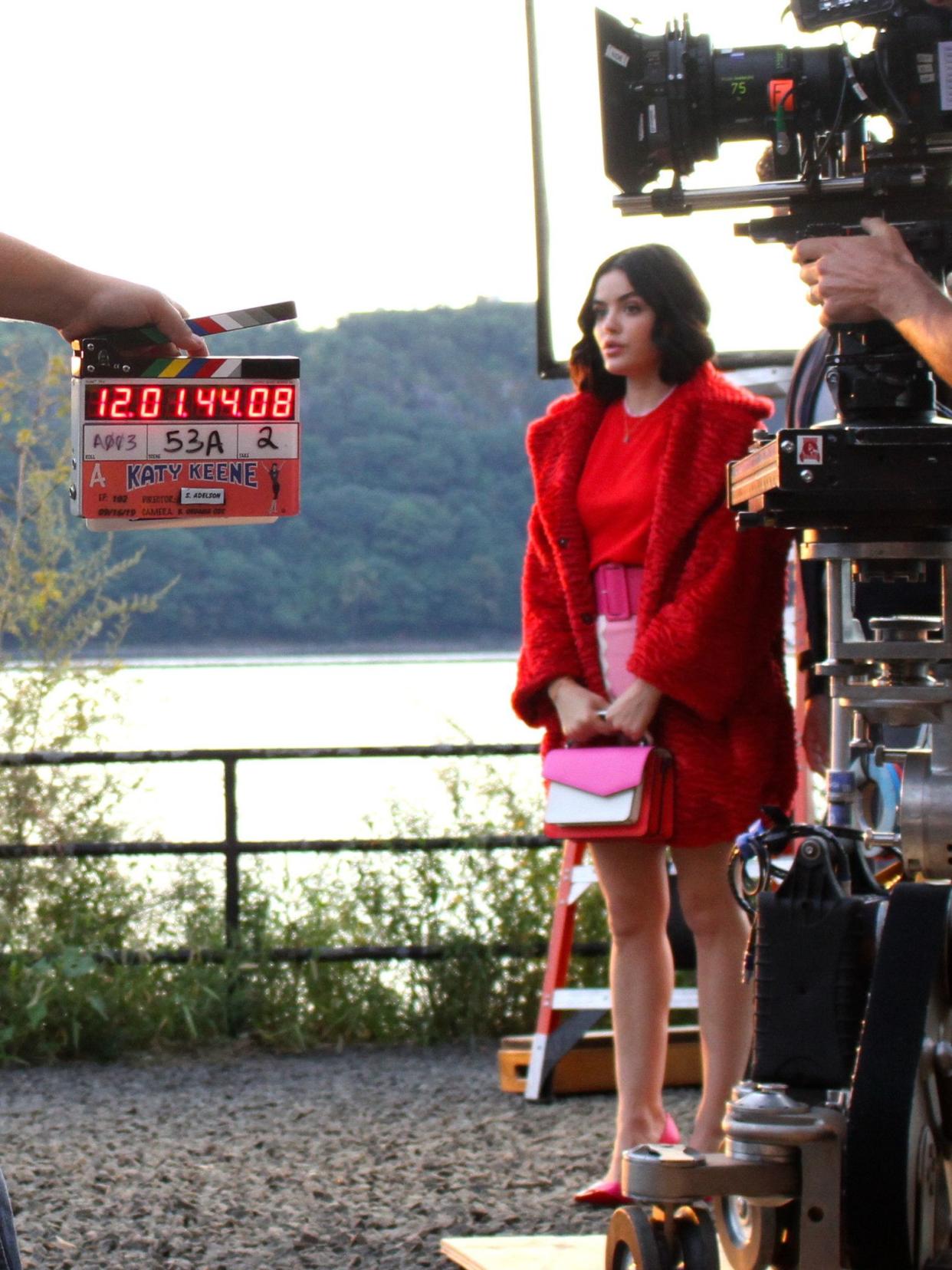 Lucy Hale is pictured on set for "Katy Keene" in NYC under the George Washington Bridge on Sept. 16, 2019.