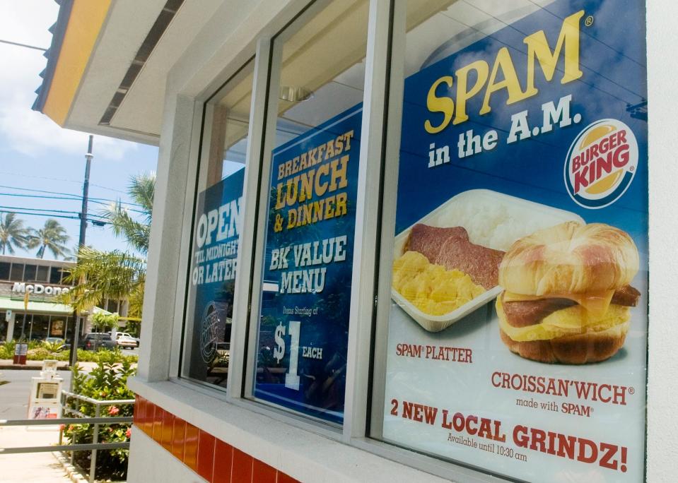 A sign advertising Spam lunch meat breakfast at Burger King in Honolulu, on June 10, 2007.