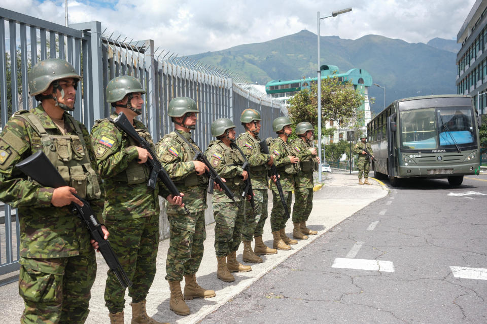 Military personnel stand guard on January 10, 2024 in Quito, Ecuador. President Noboa declared 