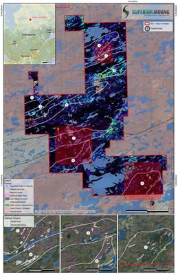 Figure 1: Spectral Response indicating ‘potential’ pegmatite mineralogy over defined target areas and individually identified dyke-like structures at the Vieux Comptoir Property, James Bay, Quebec. (CNW Group/Superior Mining International Corporation)