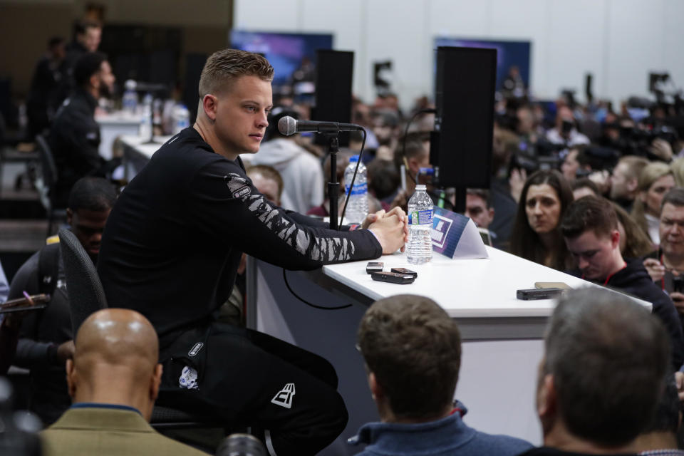 LSU quarterback Joe Burrow speaks during a press conference at the NFL scouting combine in Indianapolis. (AP Photo/Michael Conroy)