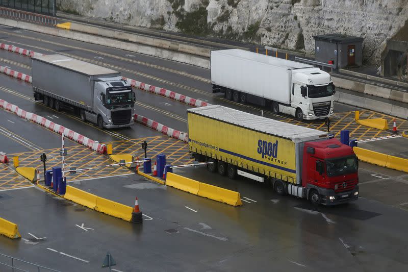 FILE PHOTO: Freight trucks arrive at the terminal of the Port of Dover