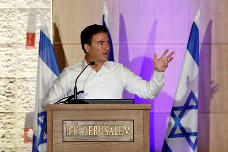 Mossad director Joseph (Yossi) Cohen gestures as he addresses a budgeting conference hosted by Israel's Finance Ministry in Jerusalem October 22, 2018. REUTERS/ Ronen Zvulun