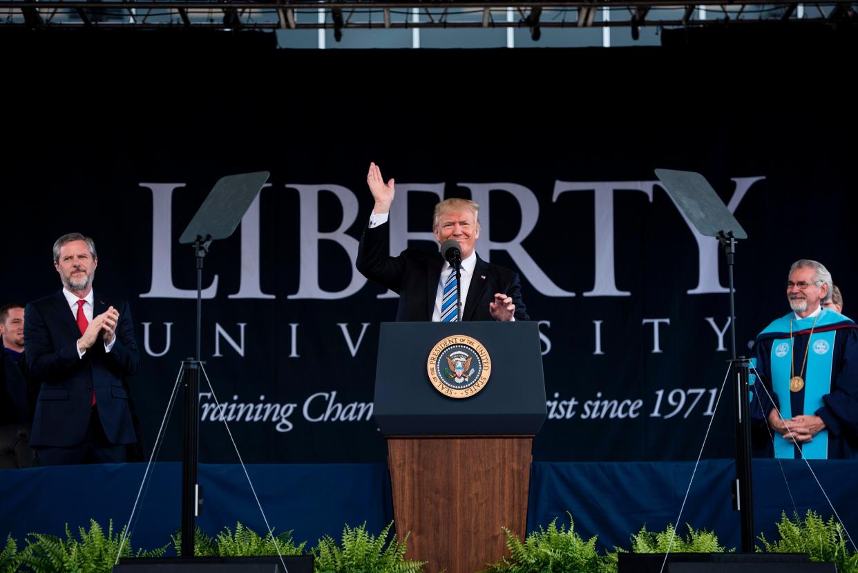 Then-president of Liberty University, Jerry Falwell, Jr., introducing President Donald Trump who spoke during Liberty University's commencement ceremony on May 13, 2017 in Lynchburg, Virginia.